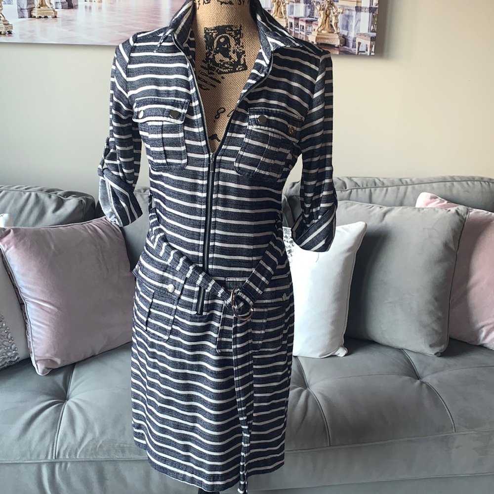Sharagano navy/white striped shirt dress